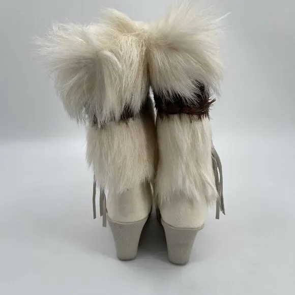 Bearpaw Wedge Goat Fur Winter Boots Womens 5 White Feathers - Picture 6 of 9
